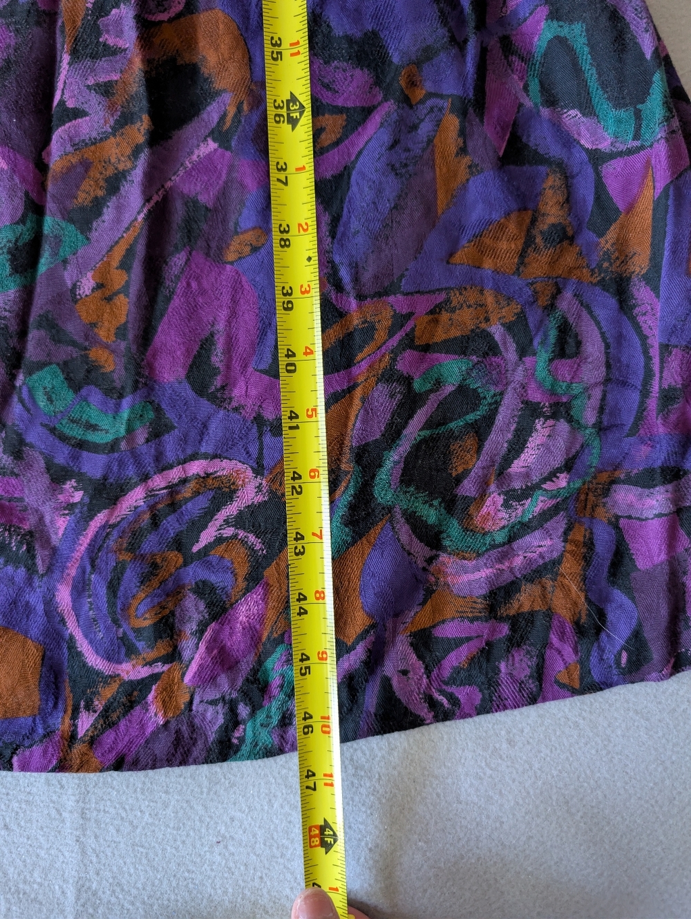80s Abstract Geometric Print Midi Dress Purple Teal Rayon Wool Shoulder Pads M image 9
